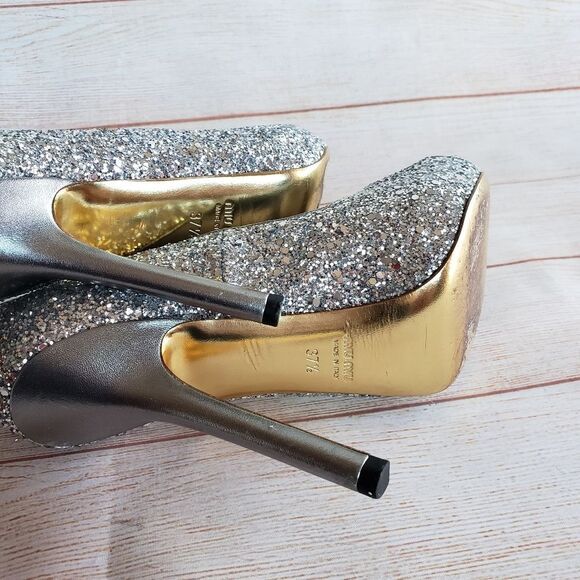 Miu Miu Glitter Peep Toe Stiletto Pumps - Picture 10 of 14